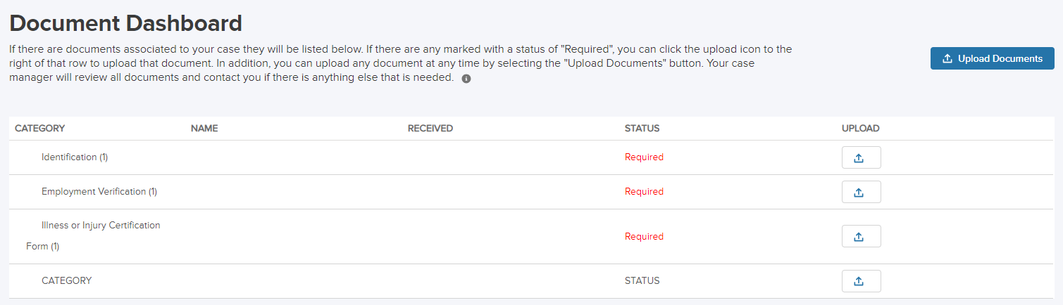 Screenshot of the document dashboard on the claim portal