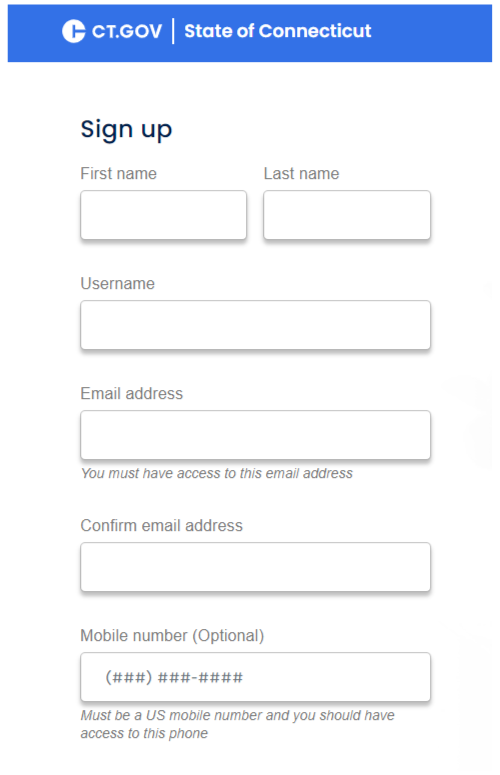 Screenshot of sign up for a CT.gov account page