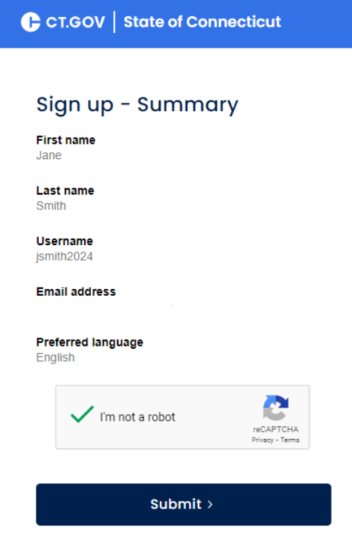 Screenshot showing CT.gov sign up summary