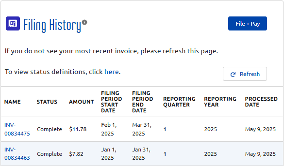 Screenshot of the Filing History Dashboard