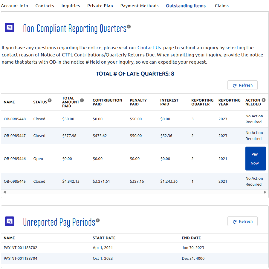 Screenshot of Non-Compliant Reporting Quarters and Unreported Pay Periods